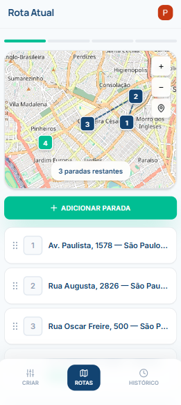 Tela do Cola e Vai mostrando a rota atual, com as paradas numeradas no mapa e a lista de endereços